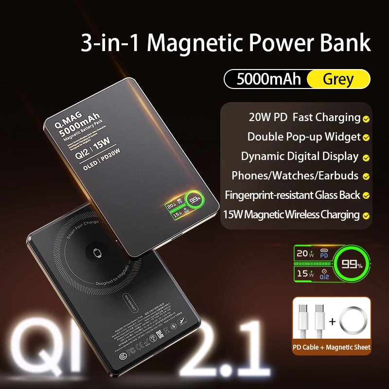 3 In 1 Magnetic Power Bank battery QI 15W Wireless Fast Charing With Intelligent  LCD Screen for iPhone 12-17 Pro Watch Airpods